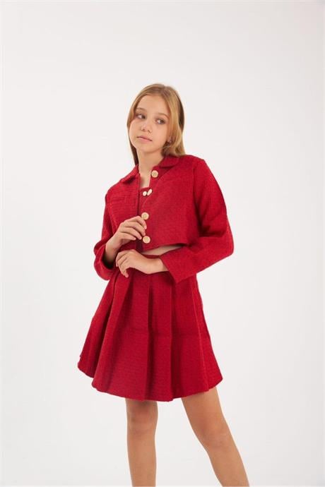 Kız Çocuk Gold Düğmeli Ceket Kalın Askılı Crop Pileli Etek 3'lü Takım Kırmızı 10 Yaş