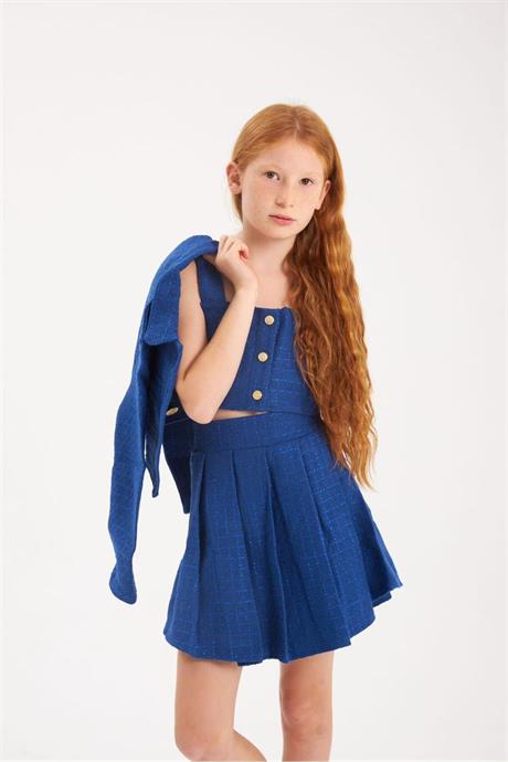 Kız Çocuk Gold Düğmeli Ceket Kalın Askılı Crop Pileli Etek Takım Saks 8 Yaş