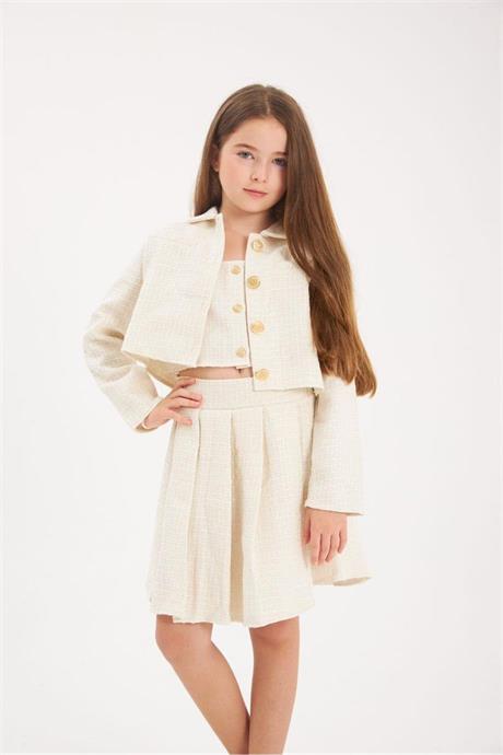 Kız Çocuk Gold Düğmeli Ceket Kalın Askılı Crop Pileli Etek Takım Beyaz 8 Yaş