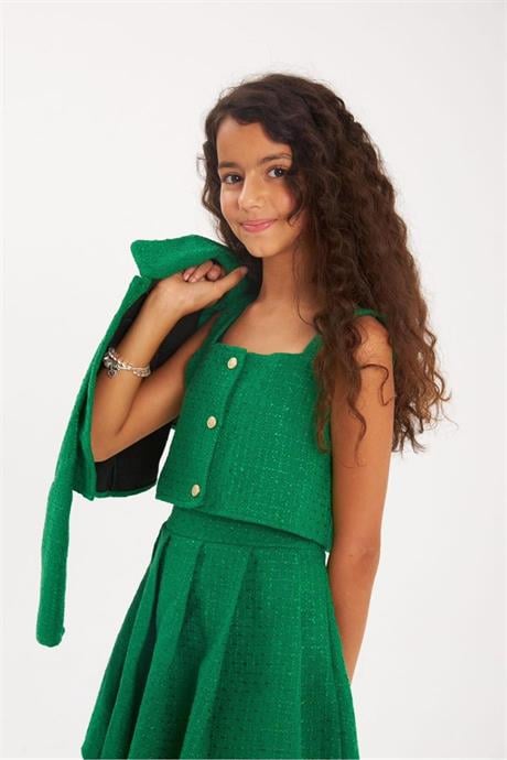 Kız Çocuk Gold Düğmeli Ceket Kalın Askılı Crop Pileli Etek 3'lü Takım Yeşil 4 Yaş