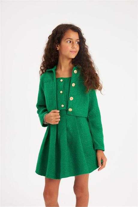 Kız Çocuk Gold Düğmeli Ceket Kalın Askılı Crop Pileli Etek Takım Yeşil 6 Yaş