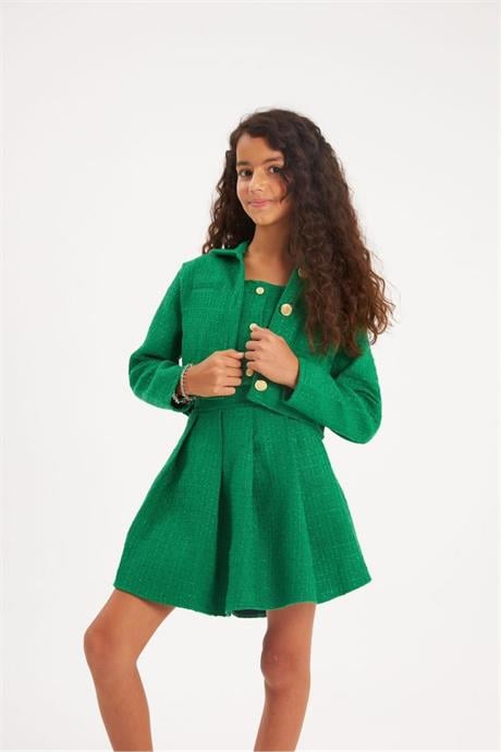 Kız Çocuk Gold Düğmeli Ceket Kalın Askılı Crop Pileli Etek 3'lü Takım Yeşil 12 Yaş