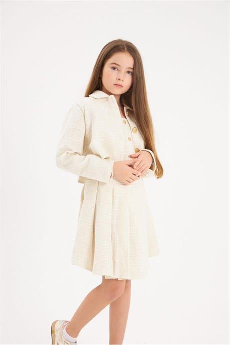 Kız Çocuk Gold Düğmeli Ceket Kalın Askılı Crop Pileli Etek 3'lü Takım Beyaz 6 Yaş