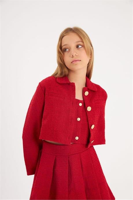 Kız Çocuk Gold Düğmeli Ceket Kalın Askılı Crop Pileli Etek 3'lü Takım Kırmızı 10 Yaş