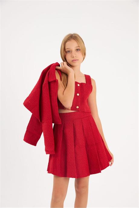 Kız Çocuk Gold Düğmeli Ceket Kalın Askılı Crop Pileli Etek 3'lü Takım Kırmızı 8 Yaş