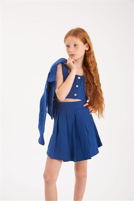 Kız Çocuk Gold Düğmeli Ceket Kalın Askılı Crop Pileli Etek Takım Saks 10 Yaş