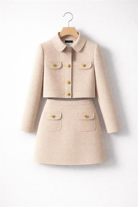 Kız Çocuk Gold Düğmeli Takım Bej 10 Yaş