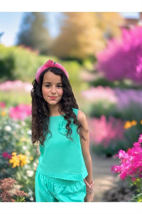 Kız Çocuk Gül Detaylı Keten Takım MAVİ 12 Yaş