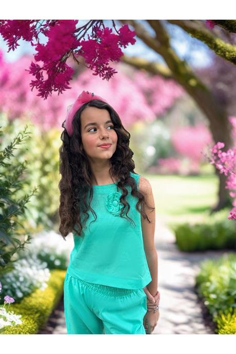 Kız Çocuk Gül Detaylı Keten Takım MAVİ 12 Yaş