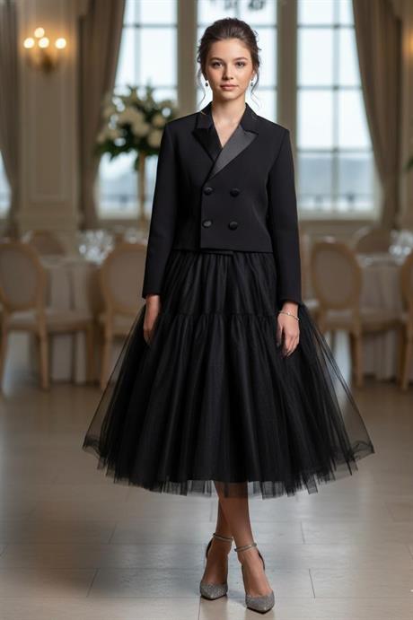 Kız Çocuk Günlük Abiye Saten Yaka Ceket Kabarık Tül Etek Ceket Siyah 6 Yaş