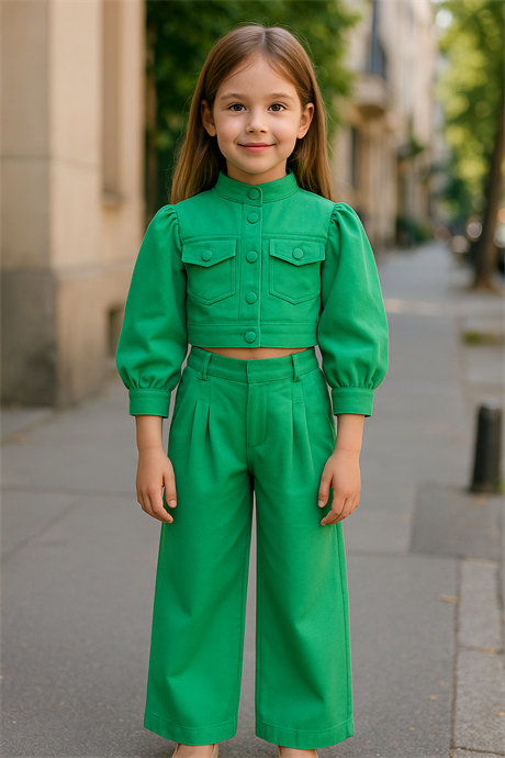 Kız Çocuk Hakim Yakalı Balon Kollu Astarlı Crop Ceket Pens Detaylı Harem Pantolon 2'li Takım Yeşil 10 Yaş