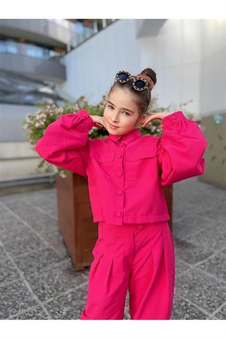 Kız Çocuk Hakim Yakalı Balon Kollu Astarlı Crop Ceket Pens Detaylı Harem Pantolon 2'li Takım Pembe 6 Yaş