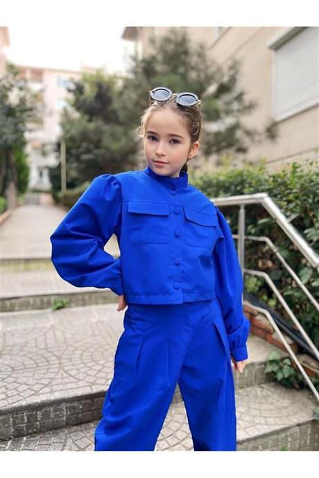 Kız Çocuk Hakim Yakalı Balon Kollu Astarlı Crop Ceket Pens Detaylı Harem Pantolon 2'li Takım Saks 10 Yaş