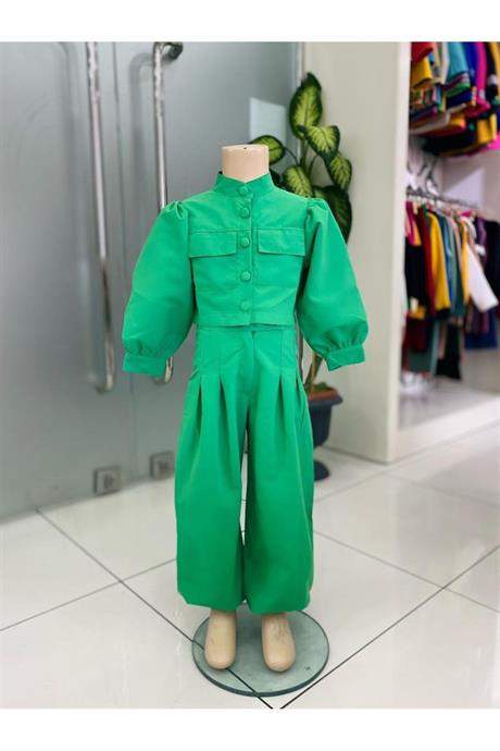 Kız Çocuk Hakim Yakalı Balon Kollu Astarlı Crop Ceket Pens Detaylı Harem Pantolon 2'li Takım Yeşil 4 Yaş