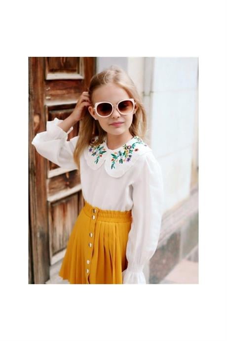 Kız Çocuk Hardal Yakası Nakışlı Gömlek Düğmeli Piliseli Etek 2'li Takım HARDAL 6 Yaş