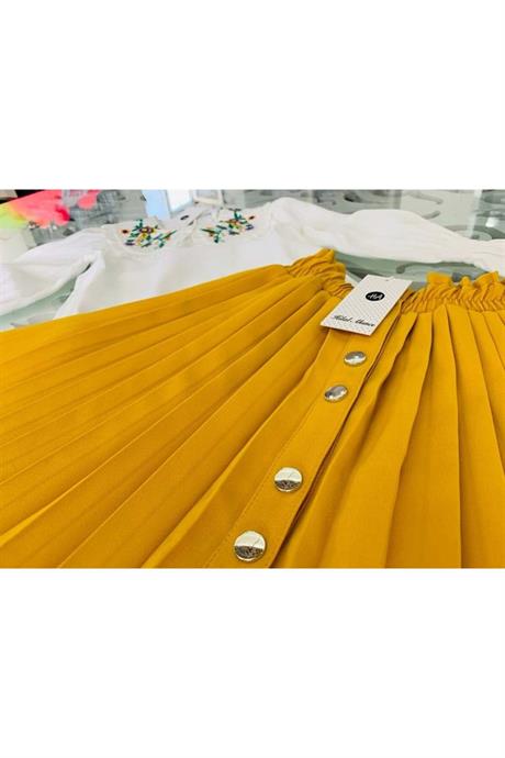 Kız Çocuk Hardal Yakası Nakışlı Gömlek Düğmeli Piliseli Etek 2'li Takım HARDAL 4 Yaş