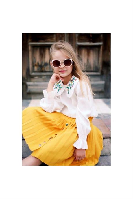 Kız Çocuk Hardal Yakası Nakışlı Gömlek Düğmeli Piliseli Etek 2'li Takım HARDAL 12 Yaş