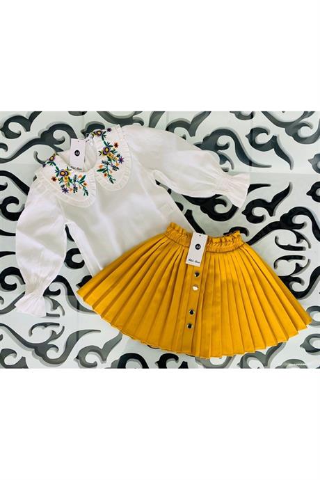 Kız Çocuk Hardal Yakası Nakışlı Gömlek Düğmeli Piliseli Etek 2'li Takım HARDAL 10 Yaş