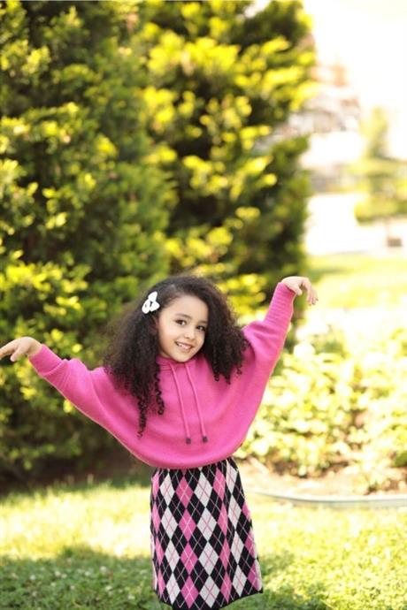 Kız Çocuk Hardal Yarasa Kol Kapüşonlu Triko Sweatshırt Baklava Desenli Etek 2'li Takım 0600 PEMBE 6 Yaş