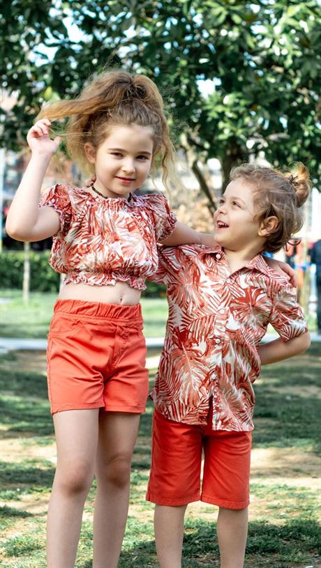 Kız Çocuk Hawai Desenli Bluz Renkli Şort Ikili Takım TURUNCU 6 Yaş