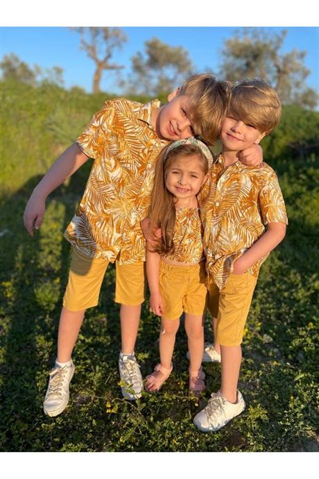 Kız Çocuk Hawai Desenli Bluz Renkli Şort Ikili Takım SARI 10 Yaş
