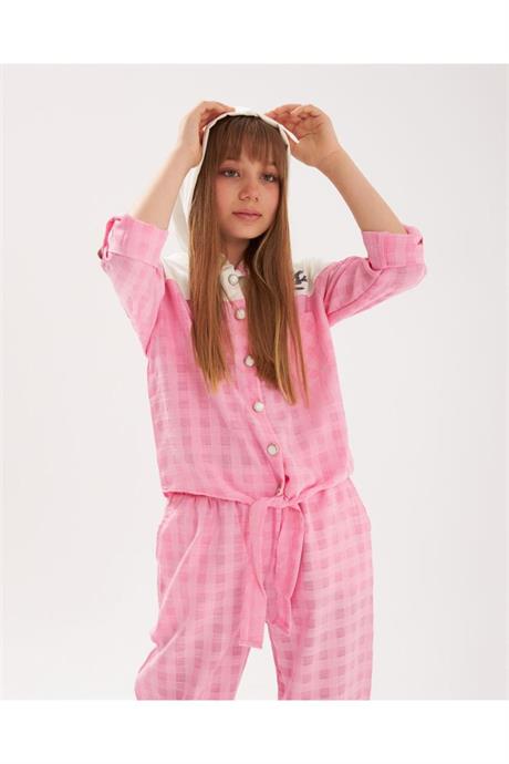 Kız Çocuk Inci Düğmeli Nakış Detaylı Önü Bağlamalı Gömlek Kareli Pantolon 2'li Takım Pembe 8 Yaş