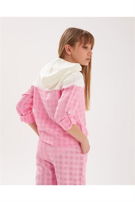 Kız Çocuk Inci Düğmeli Nakış Detaylı Önü Bağlamalı Gömlek Kareli Pantolon 2'li Takım Pembe 6 Yaş