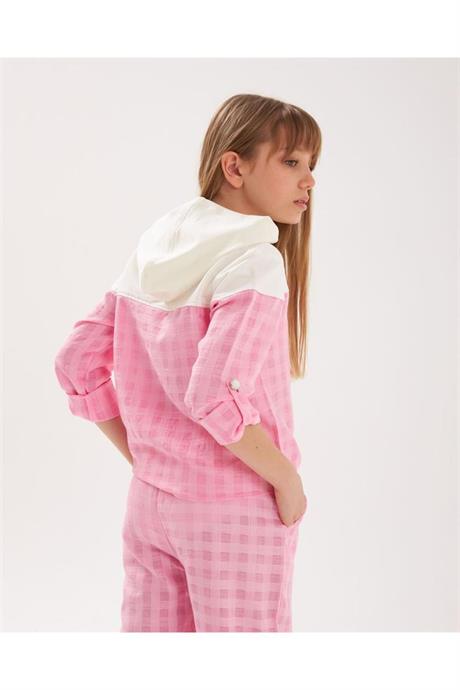 Kız Çocuk Inci Düğmeli Nakış Detaylı Önü Bağlamalı Gömlek Kareli Pantolon 2'li Takım Pembe 4 Yaş