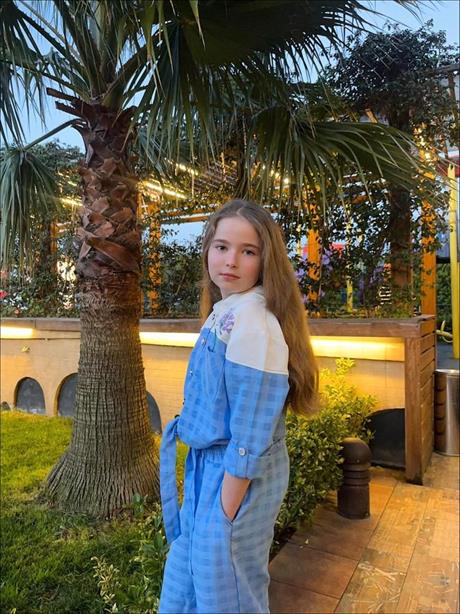 Kız Çocuk Inci Düğmeli Nakış Detaylı Önü Bağlamalı Gömlek Kareli Pantolon 2'li Takım Mavi 4 Yaş