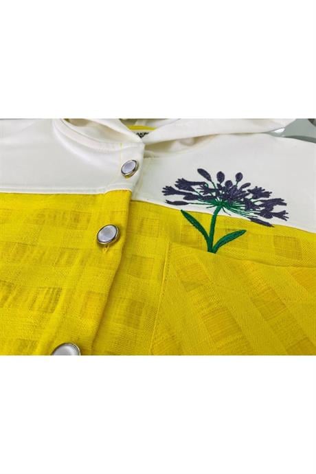 Kız Çocuk Inci Düğmeli Nakış Detaylı Önü Bağlamalı Gömlek Kareli Pantolon 2'li Takım Sarı 14 Yaş