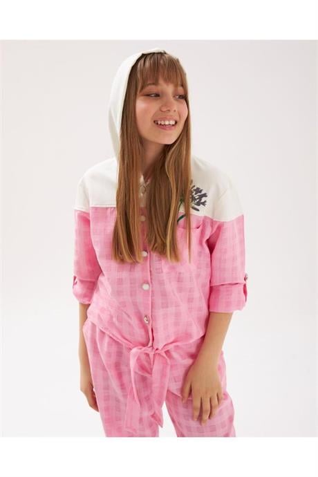Kız Çocuk Inci Düğmeli Nakış Detaylı Önü Bağlamalı Gömlek Kareli Pantolon 2'li Takım Pembe 14 Yaş