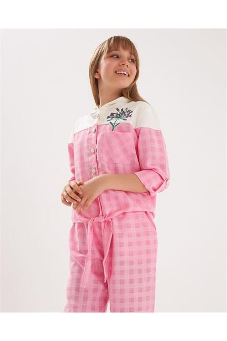 Kız Çocuk Inci Düğmeli Nakış Detaylı Önü Bağlamalı Gömlek Kareli Pantolon 2'li Takım Pembe 6 Yaş