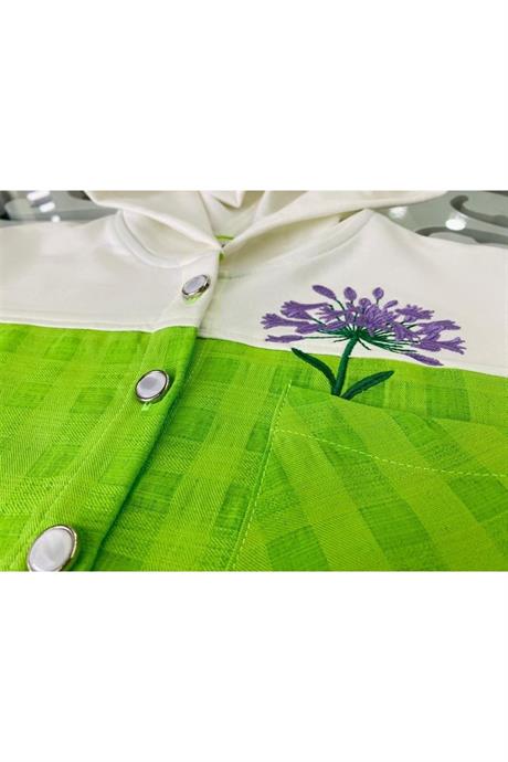 Kız Çocuk Inci Düğmeli Nakış Detaylı Önü Bağlamalı Gömlek Kareli Pantolon 2'li Takım Yeşil 12 Yaş