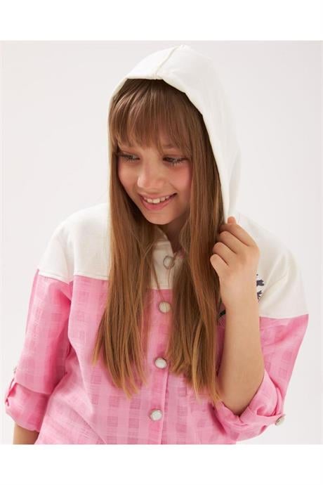 Kız Çocuk Inci Düğmeli Nakış Detaylı Önü Bağlamalı Gömlek Kareli Pantolon 2'li Takım Pembe 14 Yaş