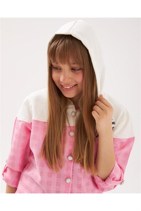 Kız Çocuk Inci Düğmeli Nakış Detaylı Önü Bağlamalı Gömlek Kareli Pantolon 2'li Takım Pembe 14 Yaş