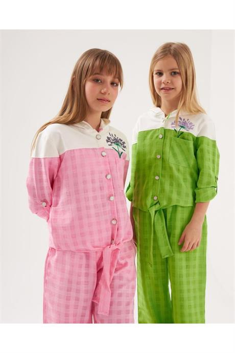Kız Çocuk Inci Düğmeli Nakış Detaylı Önü Bağlamalı Gömlek Kareli Pantolon 2'li Takım Pembe 12 Yaş