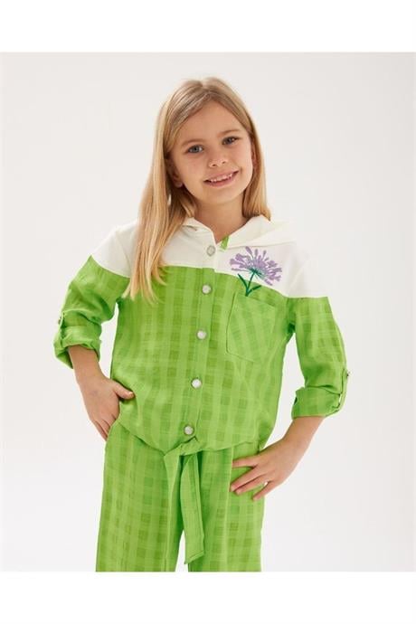 Kız Çocuk Inci Düğmeli Nakış Detaylı Önü Bağlamalı Gömlek Kareli Pantolon 2'li Takım Yeşil 6 Yaş