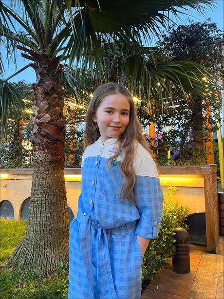 Kız Çocuk Inci Düğmeli Nakış Detaylı Önü Bağlamalı Gömlek Kareli Pantolon 2'li Takım Mavi 4 Yaş