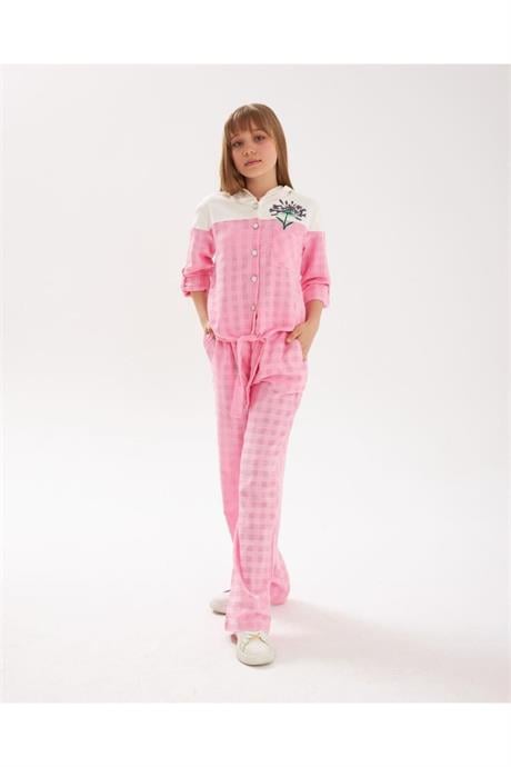 Kız Çocuk Inci Düğmeli Nakış Detaylı Önü Bağlamalı Gömlek Kareli Pantolon 2'li Takım Pembe 6 Yaş