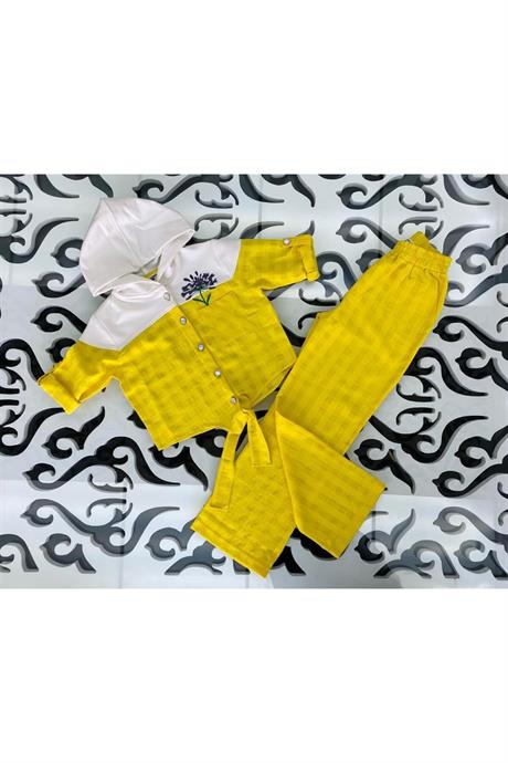 Kız Çocuk Inci Düğmeli Nakış Detaylı Önü Bağlamalı Gömlek Kareli Pantolon 2'li Takım Sarı 14 Yaş