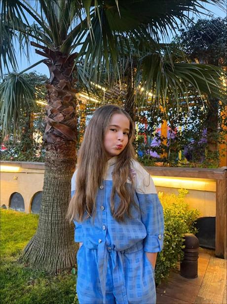 Kız Çocuk Inci Düğmeli Nakış Detaylı Önü Bağlamalı Gömlek Kareli Pantolon 2'li Takım Mavi 4 Yaş