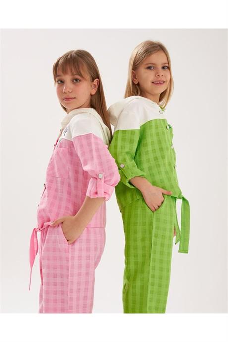 Kız Çocuk Inci Düğmeli Nakış Detaylı Önü Bağlamalı Gömlek Kareli Pantolon 2'li Takım Yeşil 4 Yaş