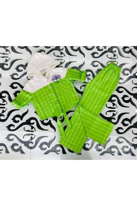 Kız Çocuk Inci Düğmeli Nakış Detaylı Önü Bağlamalı Gömlek Kareli Pantolon 2'li Takım Yeşil 14 Yaş