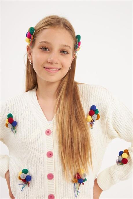 Kız Çocuk İşlemeli Balon Nakışlı Beyaz Triko Hırka Renkli Pantolon Saç Tokası 3'lü Takım Fuşya 6 Yaş