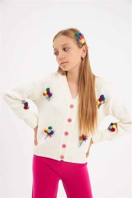 Kız Çocuk İşlemeli Balon Nakışlı Beyaz Triko Hırka Renkli Pantolon Saç Tokası 3'lü Takım Fuşya 10 Yaş