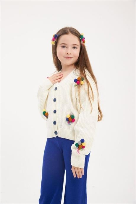 Kız Çocuk İşlemeli Balon Nakışlı Beyaz Triko Hırka Renkli Pantolon Saç Tokası 3'lü Takım Saks 4 Yaş