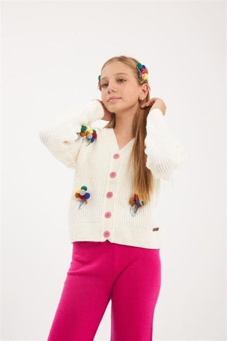 Kız Çocuk İşlemeli Balon Nakışlı Beyaz Triko Hırka Renkli Pantolon Saç Tokası 3'lü Takım Fuşya 12 Yaş