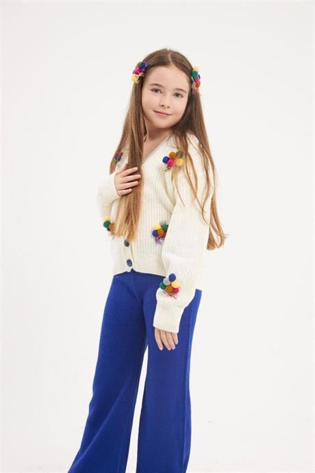 Kız Çocuk İşlemeli Balon Nakışlı Beyaz Triko Hırka Renkli Pantolon Saç Tokası 3'lü Takım Saks 10 Yaş