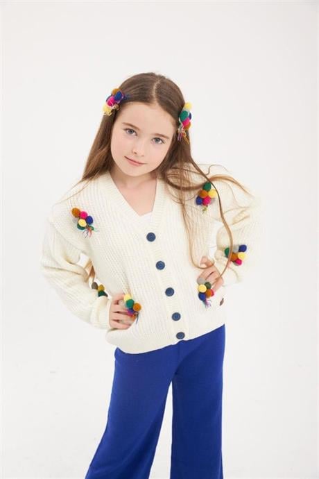 Kız Çocuk İşlemeli Balon Nakışlı Beyaz Triko Hırka Renkli Pantolon Saç Tokası 3'lü Takım Saks 12 Yaş