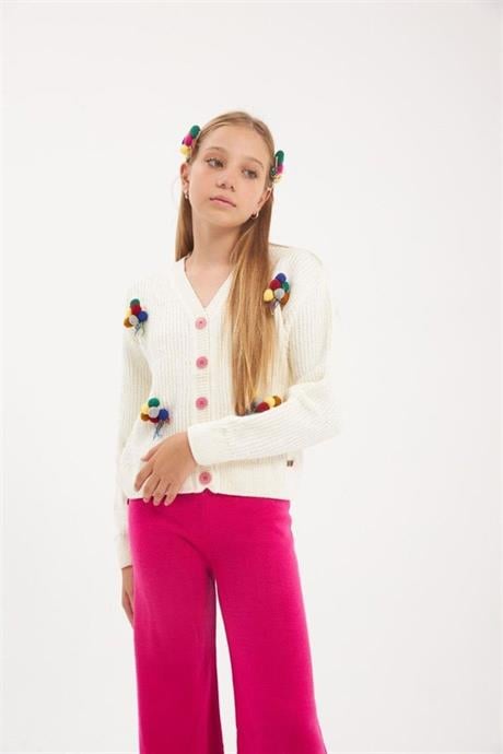 Kız Çocuk İşlemeli Balon Nakışlı Beyaz Triko Hırka Renkli Pantolon Saç Tokası 3'lü Takım Fuşya 4 Yaş